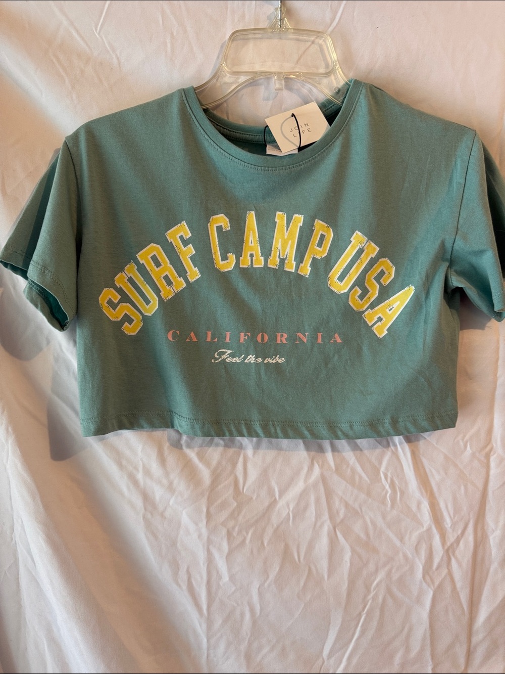 Zara Teal Crop Tee with Yellow & Pink Surf Campus Print